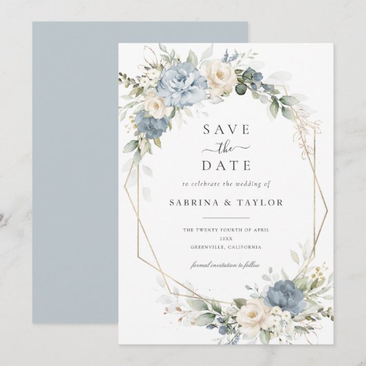 Floral Dusty Blue Greenery Wedding Save the Date Kaart (Voorkant / Achterkant)