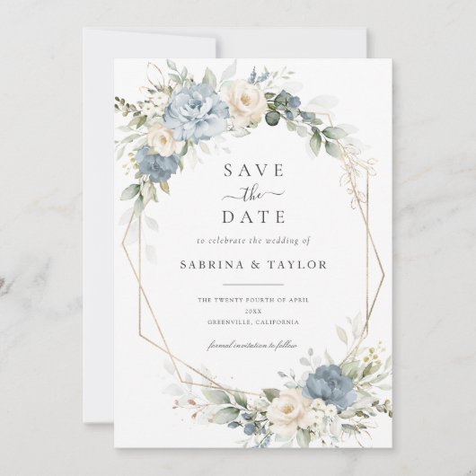 Floral Dusty Blue Greenery Wedding Save The Date Kaart (Voorkant)