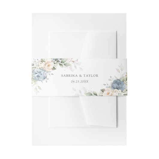 Floral Dusty Blue Greenery White Elegant Wedding Uitnodigingen Wikkel (Voorkant Voorbeeld)