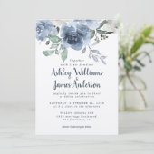 Floral Dusty Blue Ivory Roos  Blue Wedding Kaart (Staand voorkant)