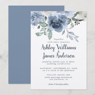 Floral Dusty Blue Ivory Roos Blue Wedding Kaart