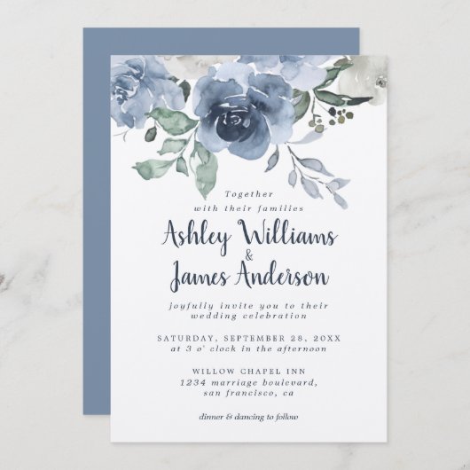 Floral Dusty Blue Ivory Roos  Blue Wedding Kaart (Voorkant / Achterkant)