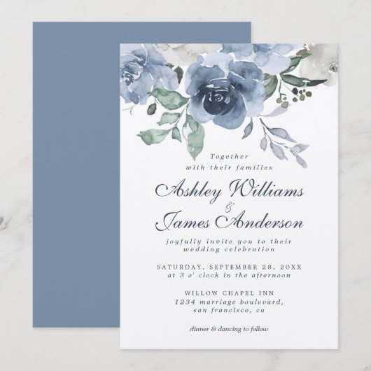 Floral Dusty Blue Ivory Roos Blue Wedding Kaart (Voorkant / Achterkant)