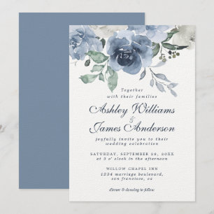 Floral Dusty Blue Ivory Roos  Blue Wedding Kaart