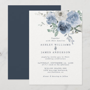 Floral Dusty Blue Ivory Roos Dark Blue Wedding Kaart