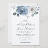Floral Dusty Blue Ivory Roos Dark Blue Wedding Kaart (Voorkant)