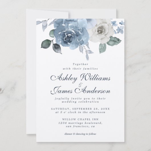 Floral Dusty Blue Ivory Roos Dark Blue Wedding Kaart (Voorkant)