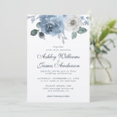 Floral Dusty Blue Ivory Roos Dark Blue Wedding Kaart (Staand voorkant)