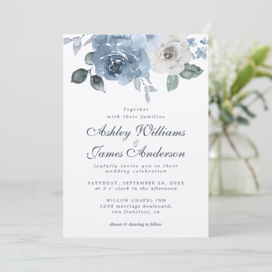 Floral Dusty Blue Ivory Roos Dark Blue Wedding Kaart (Staand voorkant)
