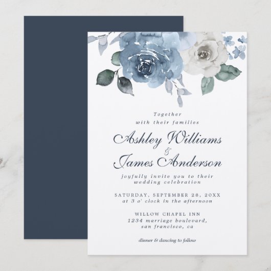 Floral Dusty Blue Ivory Roos Dark Blue Wedding Kaart (Voorkant / Achterkant)