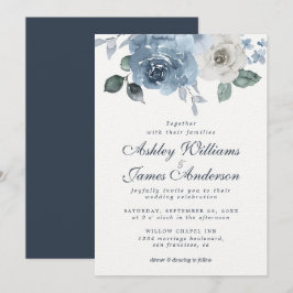 Floral Dusty Blue Ivory Roos Dark Blue Wedding Kaart
