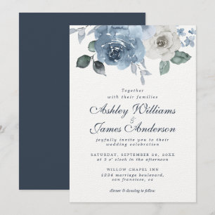 Floral Dusty Blue Ivory Roos Dark Blue Wedding Kaart