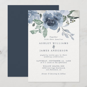 Floral Dusty Blue Ivory Roos Dark Blue Wedding Kaart