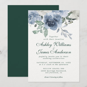 Floral Dusty Blue Ivory Roos Dark Green Wedding Kaart