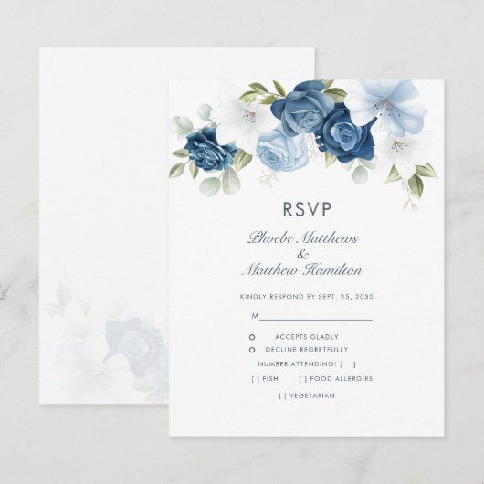 Floral Dusty Blue Modern Botanical RSVP Kaartje (Voorkant / Achterkant)
