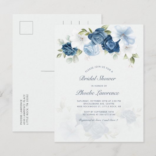 Floral Dusty Blue Modern Vrijgezellenfeest Uitnodiging Briefkaart (Voorkant / Achterkant)