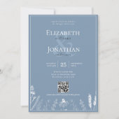 Floral Dusty Blue Monogram Border QR Foto Weduwsch Kaart (Voorkant)