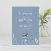 Floral Dusty Blue Monogram Border QR Foto Weduwsch Kaart (Staand voorkant)