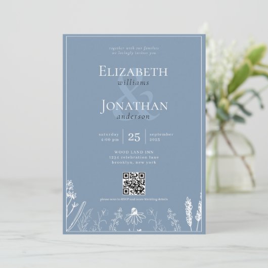 Floral Dusty Blue Monogram Border QR Foto Weduwsch Kaart (Staand voorkant)