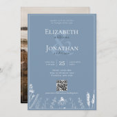 Floral Dusty Blue Monogram Border QR Foto Weduwsch Kaart (Voorkant / Achterkant)