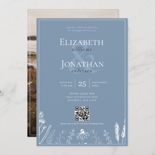 Floral Dusty Blue Monogram Border QR Foto Weduwsch Kaart (Voorkant / Achterkant)