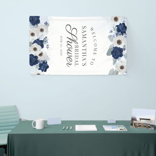 Floral Dusty Blue Navy Botanical Vrijgezellenfeest Spandoek (Beurs)