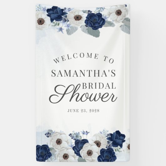 Floral Dusty Blue Navy Botanical Vrijgezellenfeest Spandoek (Verticaal)