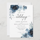 Floral Dusty Blue Navy Flowers Neutral Wedding Kaart (Voorkant)