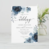 Floral Dusty Blue Navy Flowers Neutral Wedding Kaart (Staand voorkant)