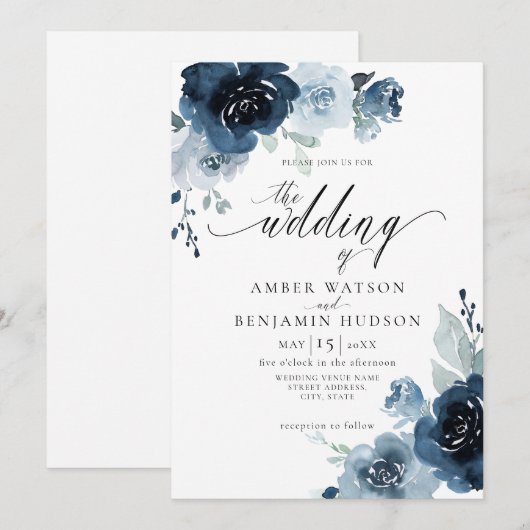 Floral Dusty Blue Navy Flowers Neutral Wedding Kaart (Voorkant / Achterkant)
