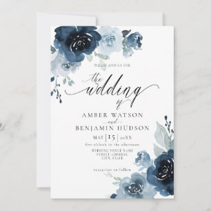 Floral Dusty Blue Navy Flowers Neutral Wedding Kaart