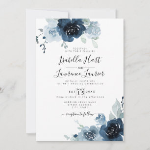 Floral Dusty Blue Pastel Navy Slate Wedding Kaart