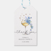 Floral Dusty Blue Pearls & Prosecco Vrijgezellenfe Cadeaulabel (Voorkant)
