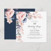 Floral Dusty Blue Pink 60th Birthday Party Kaart (Voorkant / Achterkant)