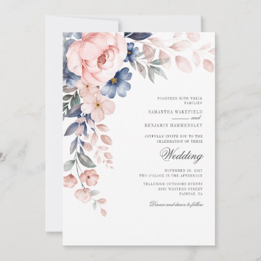 Floral Dusty Blue Pink Waterverf Bloom Wedding Kaart (Voorkant)