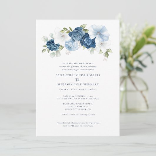 Floral Dusty Blue QR Code All in One Wedding Kaart (Staand voorkant)