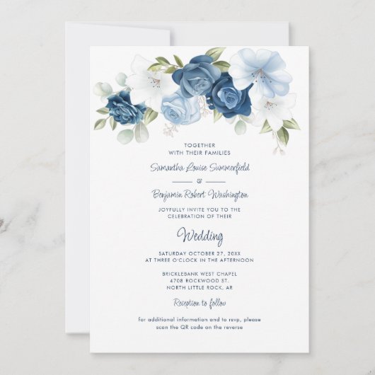 Floral Dusty Blue QR Code All in One Wedding Kaart (Voorkant)