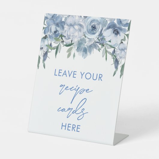 Floral Dusty Blue Recept Kaarten hier Reclamebord Met Voetstuk (Voorkant)