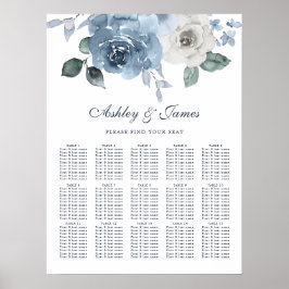 Floral Dusty Blue Roos Wedding Seding Chart Poster