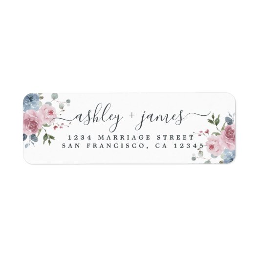 Floral Dusty Blue Roze Rose Return Label (Voorkant)