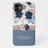 Floral Dusty Blue Roze Roze Monogram Naam Case-Mate iPhone Case (Achterkant)