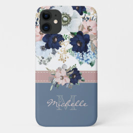  Floral Dusty Blue Roze Roze Monogram Naam Case-Mate iPhone Case