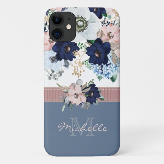 Floral Dusty Blue Roze Roze Monogram Naam Case-Mate iPhone Case (Achterkant)