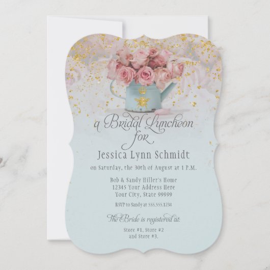 Floral Dusty Blue Rozen Gold Bridal Luncheon Kaart (Voorkant)