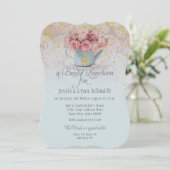 Floral Dusty Blue Rozen Gold Bridal Luncheon Kaart (Staand voorkant)