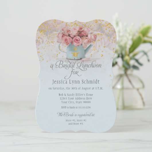 Floral Dusty Blue Rozen Gold Bridal Luncheon Kaart (Staand voorkant)