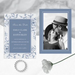 Floral Dusty Blue Save the Date Foto Bruiloft Kaart
