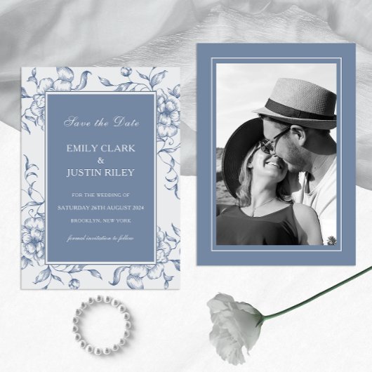 Floral Dusty Blue Save the Date Foto Bruiloft Kaart