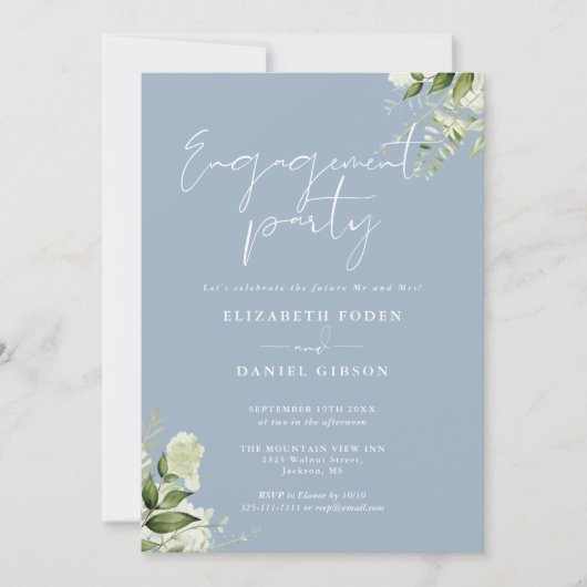 Floral Dusty Blue Script Engagement Party Kaart (Voorkant)