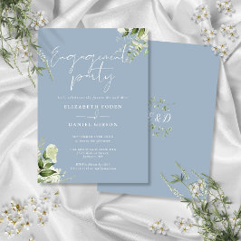 Floral Dusty Blue Script Engagement Party Kaart